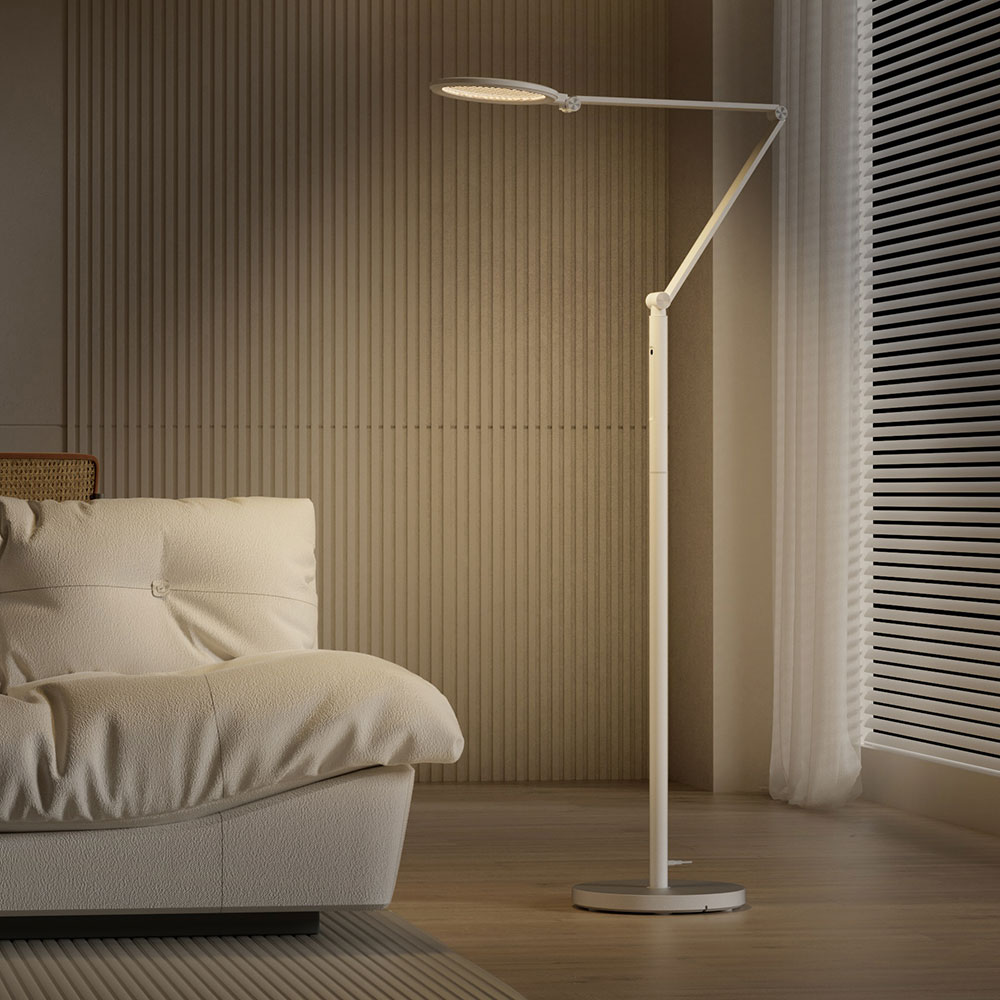 Honeywell Modern Adjustable Floor Lamp with Remote and Eye Protection 2700k 5700k Color Temperature and 5 Brightness Levels White HWL F01WT