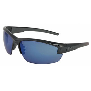 Uvex Bayonet Safety Eyewear, Black with Blue Mirror Anti-Scratch Lens