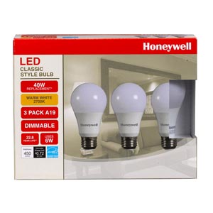 Honeywell LED A19 40W Equivalent Dimmable 3 Pack, A194027HB321